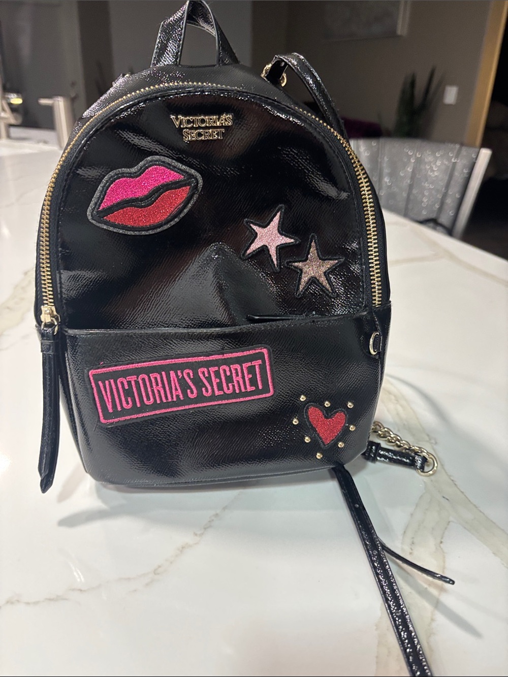 Victoria's Secret Black Mini Backpack with Pink and Red Patch Accents